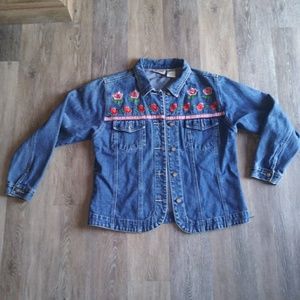 90s Vintage Jean Jacket Floral Rose Embroidered